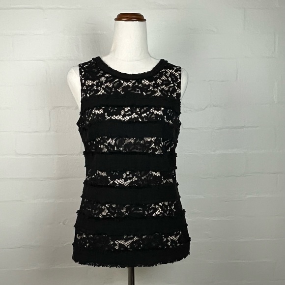 J Crew Top sz XS Black Lace Over Cream Inlay Sleeveless - Picture 5 of 13